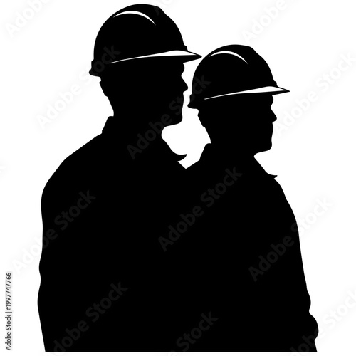 Two Industrial Workers Silhouettes with Hard Hats, Side View, Black and White