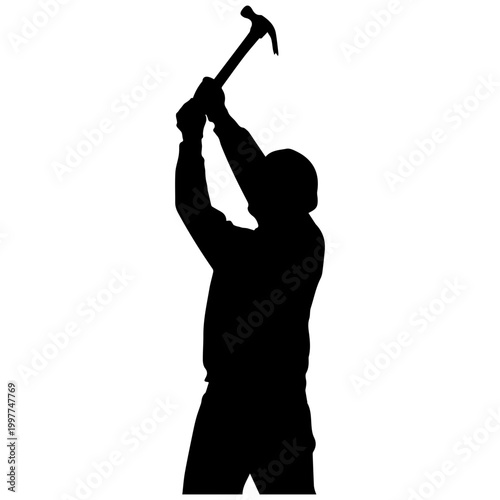 Silhouette of worker swinging hammer overhead, black and white, isolated on white