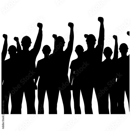 Group of diverse people raising fists in solidarity against white background