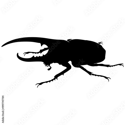 Black silhouette of a Hercules beetle with prominent horns on a white background