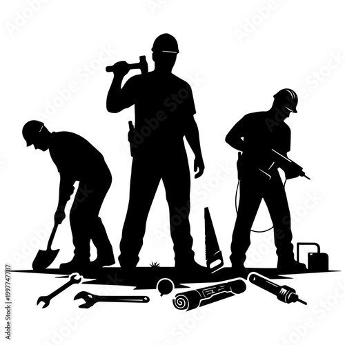 Construction Workers Silhouettes with Tools, Teamwork Concept