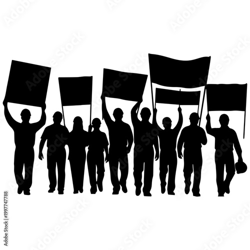 Silhouette of diverse group carrying blank protest signs and banners