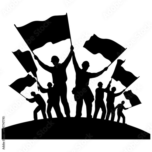 Silhouette of people raising flags on a hill, symbolizing protest or celebration