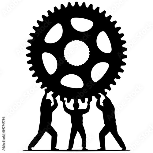 Teamwork: Silhouettes lifting a large gear wheel, symbolizing collaboration and industry