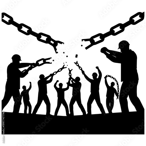 Silhouette of people breaking chains, symbolizing freedom and liberation