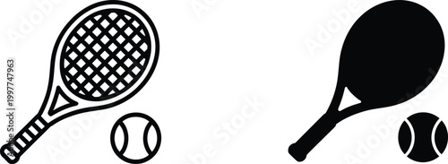 Tennis racket and ball icons outline and solid versions for sports and recreation.