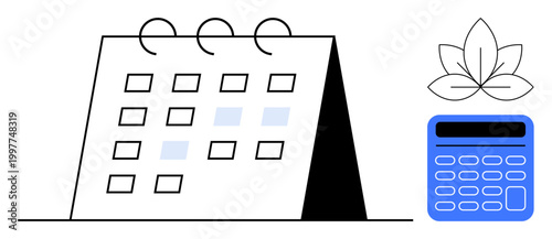 Time management, financial planning, productivity, wellness, organization, eco-living. Desk calendar, calculator and leaf symbol. Time management and financial planning visually