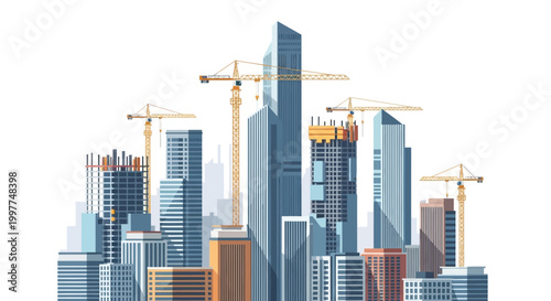 Modern City Skyline Under Construction with Tower Cranes and High-Rise Skyscrapers, Vector Illustration of Urban Growth and Real Estate Development