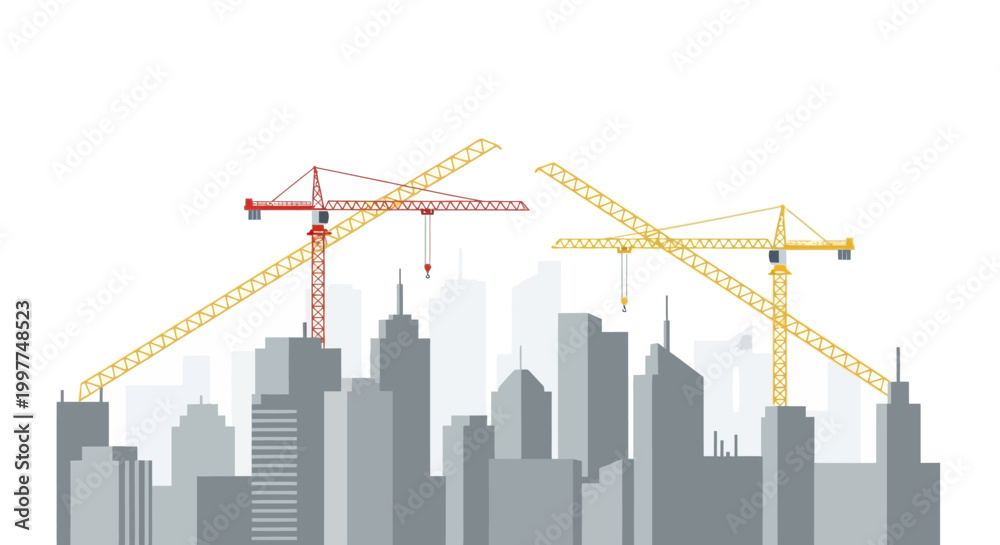 Obraz premium Modern City Skyline Under Construction with Tower Cranes Vector Illustration. Urban Development and Real Estate Concept Isolated on White Background.