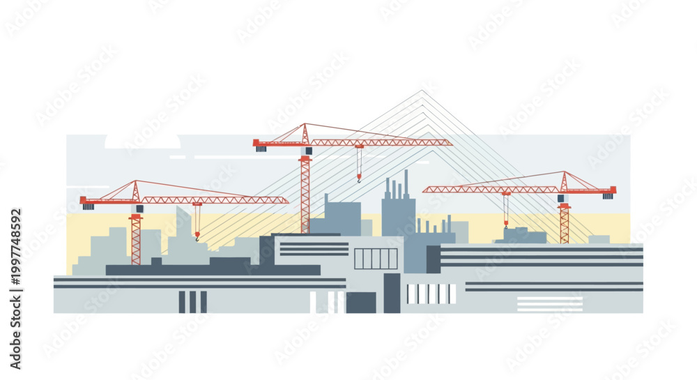Naklejka premium Minimalist Vector Illustration of Urban Construction Site with Tower Cranes and Modern City Architecture
