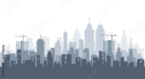 Minimalist Urban City Skyline Silhouette with Construction Cranes for Growth and Real Estate Development Concept
