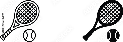 Tennis racket and ball icon set collection with outline and solid glyph version for sports designs.