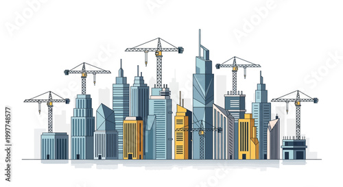 Modern City Skyline Construction Site with Skyscrapers and Tower Cranes Vector Illustration - Urban Growth and Real Estate Development Concept