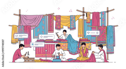 Illustration of people working together in a colorful textile workshop with fabric and threads, conveying a lively and creative atmosphere.