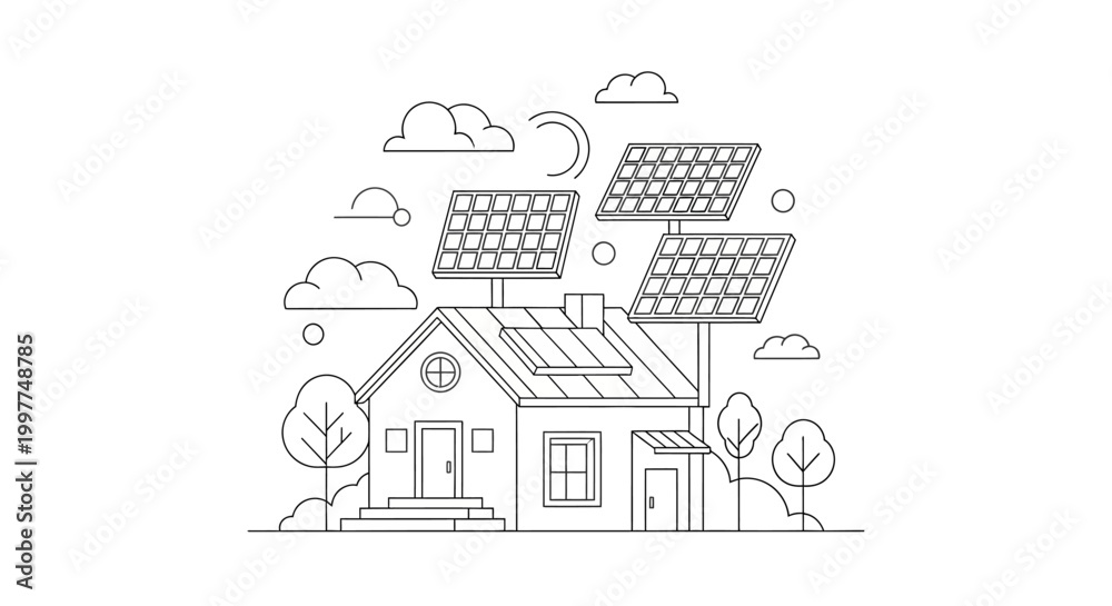Fototapeta premium Sustainable Eco House with Solar Panels Line Art Illustration for Renewable Energy Concept