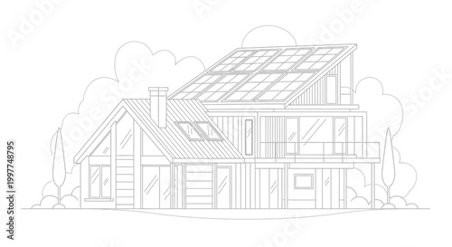 Modern Sustainable House with Solar Panels Architecture Line Art Illustration