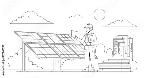 Solar panel technician with digital tablet inspecting photovoltaic array, renewable green energy concept, black and white line art illustration for coloring or educational use.