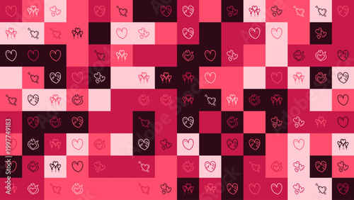 Hand Drawn Valentine's Day Hearts Pattern Grid in Rose and Red Tones