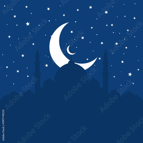 Ramadan Islamic Mosque Silhouette Under Crescent Moon and Stars Night Sky