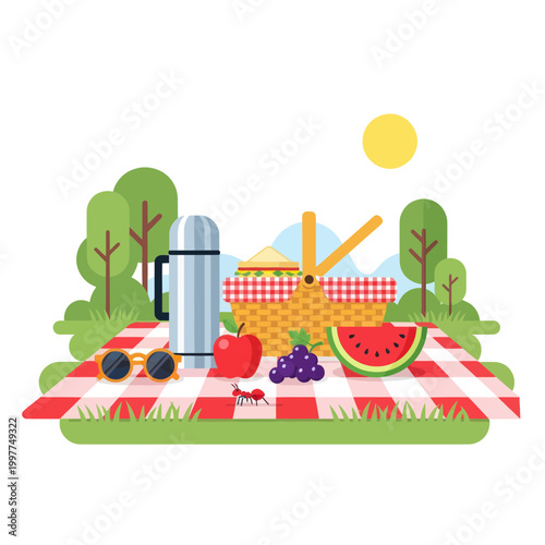 Picnic Basket with Food, Fruit, and Thermos on Red Checked Blanket in Summer Outdoors