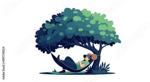 Relaxing person in hammock under shady tree, peaceful outdoor rest