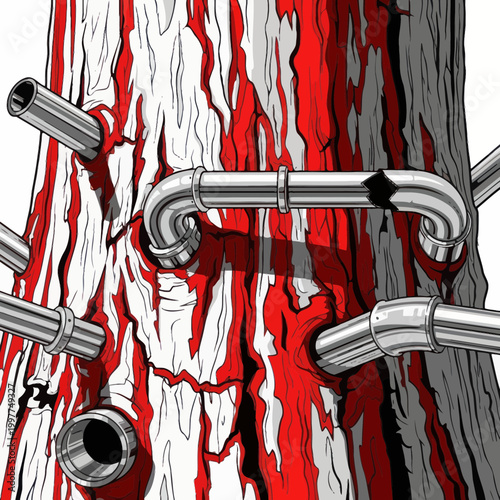 Pipes embedded in bleeding tree trunk, environmental damage concept