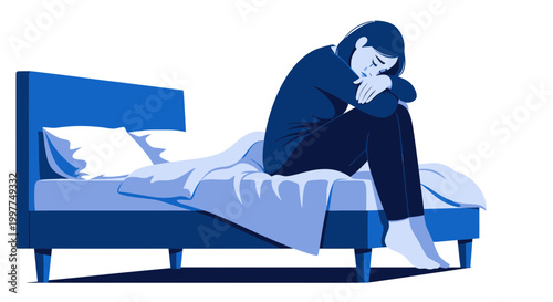 Sad Woman Sitting on Bed, Feeling Alone and Depressed