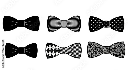 Set of Six Black Bow Ties with Different Patterns and Textures