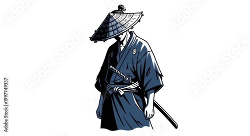 Samurai Warrior with Traditional Hat and Sword, Japanese Warrior Art