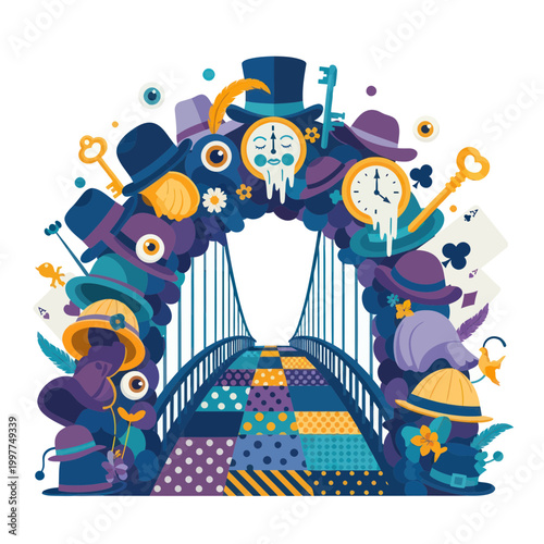 Surreal Bridge of Hats and Clocks, Whimsical Fantasy Journey
