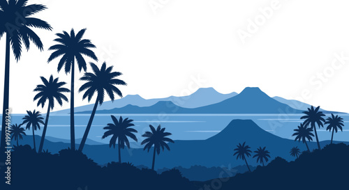Tropical Island Landscape with Palm Trees and Blue Mountains