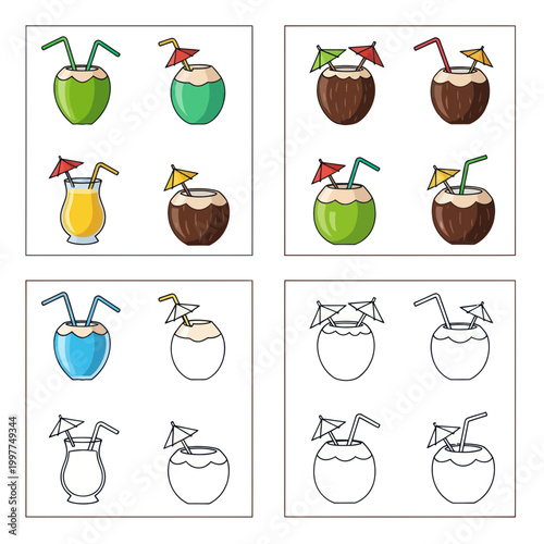 Tropical Coconut Drinks Collection: Green, Brown, Blue Cocktails with Umbrellas & Straws