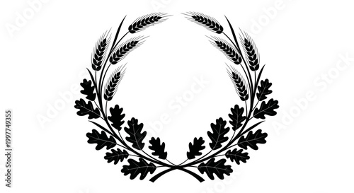 Wreath Design: Wheat Ears and Oak Leaves, Vector Illustration