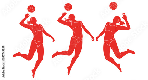 Volleyball Players Silhouettes: Attack, Serve, Spike Action - Red Graphic