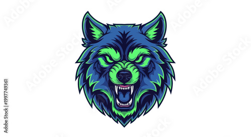 Aggressive Wolf Head Mascot Logo, Fierce Animal Illustration, Blue and Green