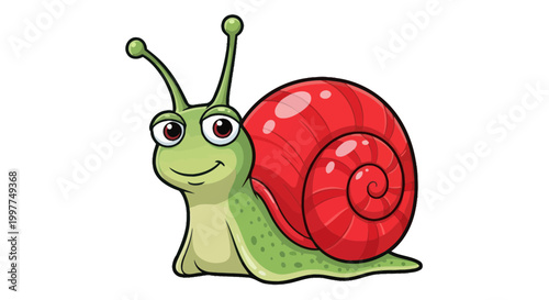 Cute cartoon snail with red shell and green body, isolated on white background
