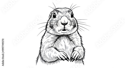 Fotografi Curious Prairie Dog Portrait, Hand-Drawn Sketch, Black and White Line Art