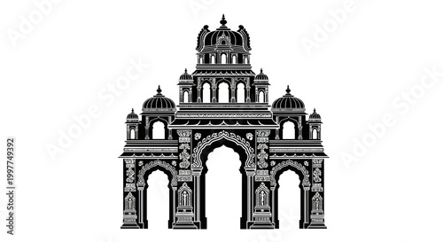 Intricate Indian Archway Silhouette - Traditional Architecture Vector