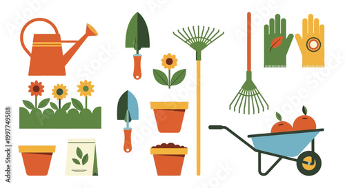 Mid century vector illustration of gardening tools and plants in a garden