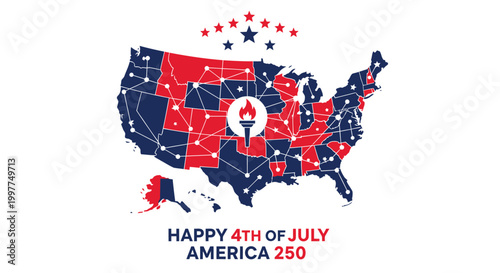 American Independence Day, USA map, patriotic symbols, 4th of July celebration, America 250