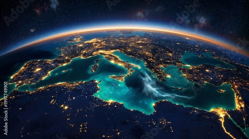 A stunning view of the earth from space showing europe africa and asia at night with city lights shining brightly against the dark ocean and stars