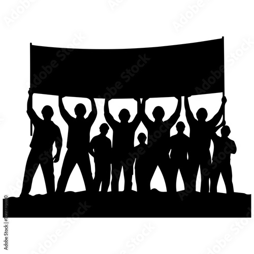 Cuadro en lienzo Silhouetted group of protestors holding a large blank banner aloft