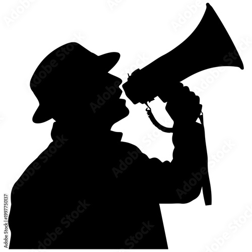 Silhouette of a man in a hat speaking into a megaphone, black and white
