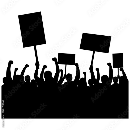 Silhouette of protest crowd with raised signs at dusk in black and white