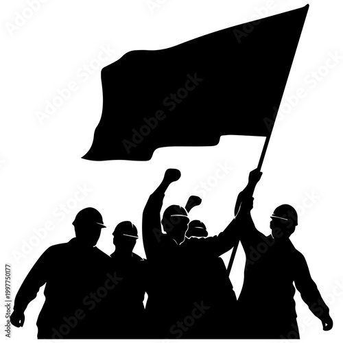 Group of protesters holding black flag in silhouette against sunset sky