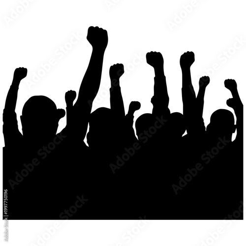 Group of people raising fists in unity protest silhouette against sunset sky
