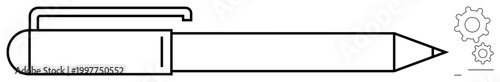 Creative process, innovation, education, writing tools, mechanical design, engineering. Outline of a pen with gear icons. Creative process and innovation with gears and a pen