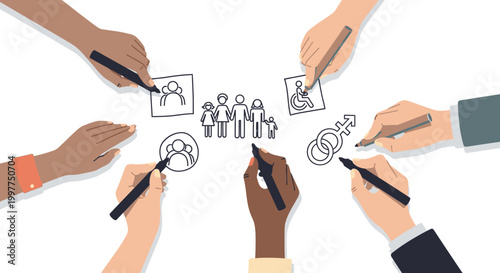 Diverse Hands Drawing Family and Social Symbols Together. EPS Editable. Vector Illustrations.