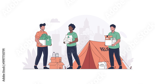 Diverse volunteers distributing essential supplies and relief aid at a camp. EPS Editable. Vector Illustrations.