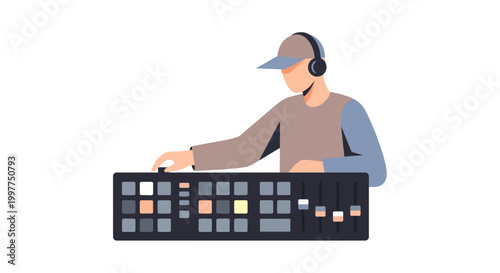 DJ Mixing Music on Professional Equipment with Headphones. EPS Editable. Vector Illustrations.